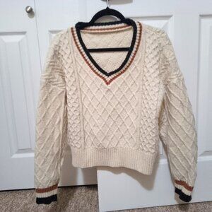 V Neck Academia Cream Cable Knit Sweater